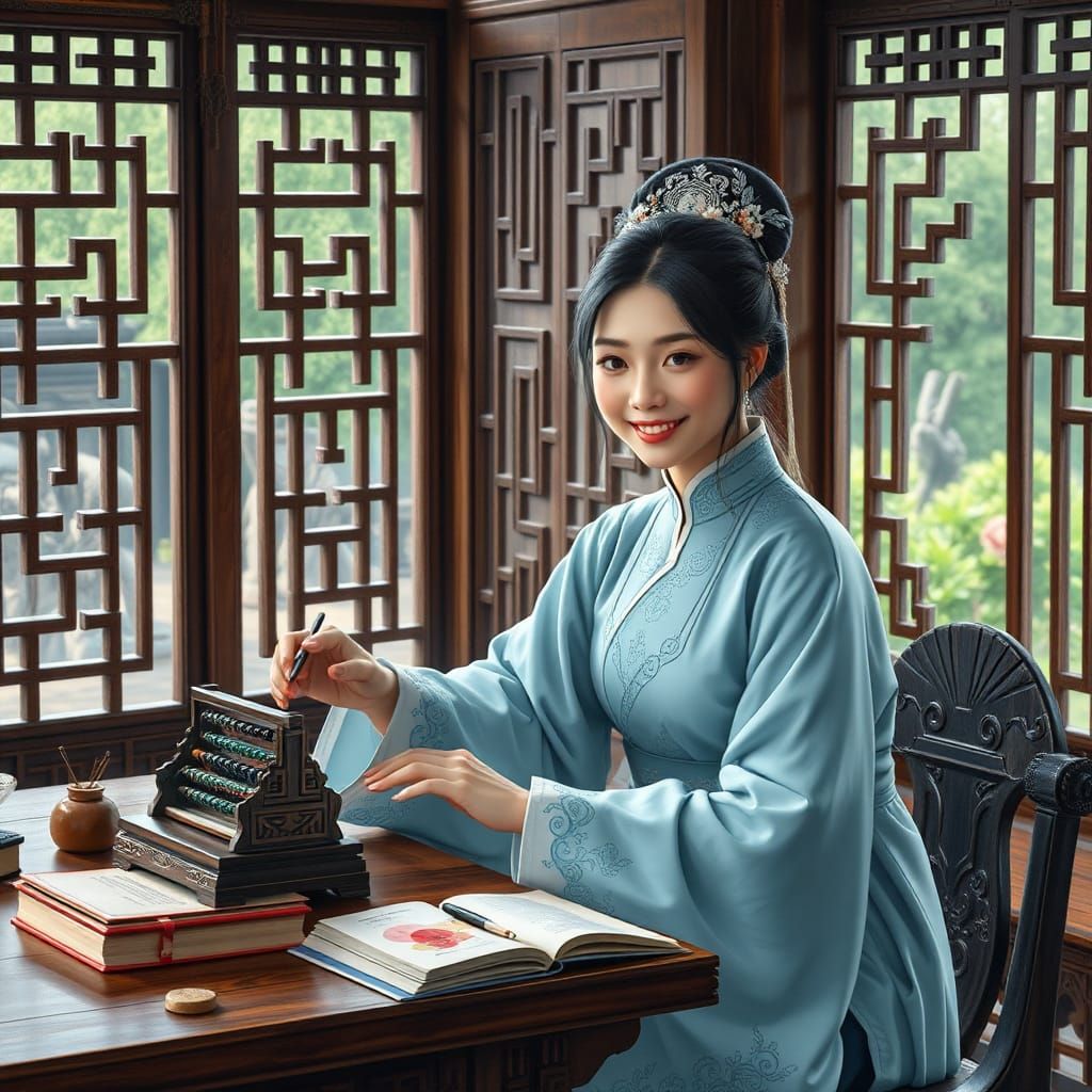 Chinese Girl in Song Dynasty Library, Digital Art