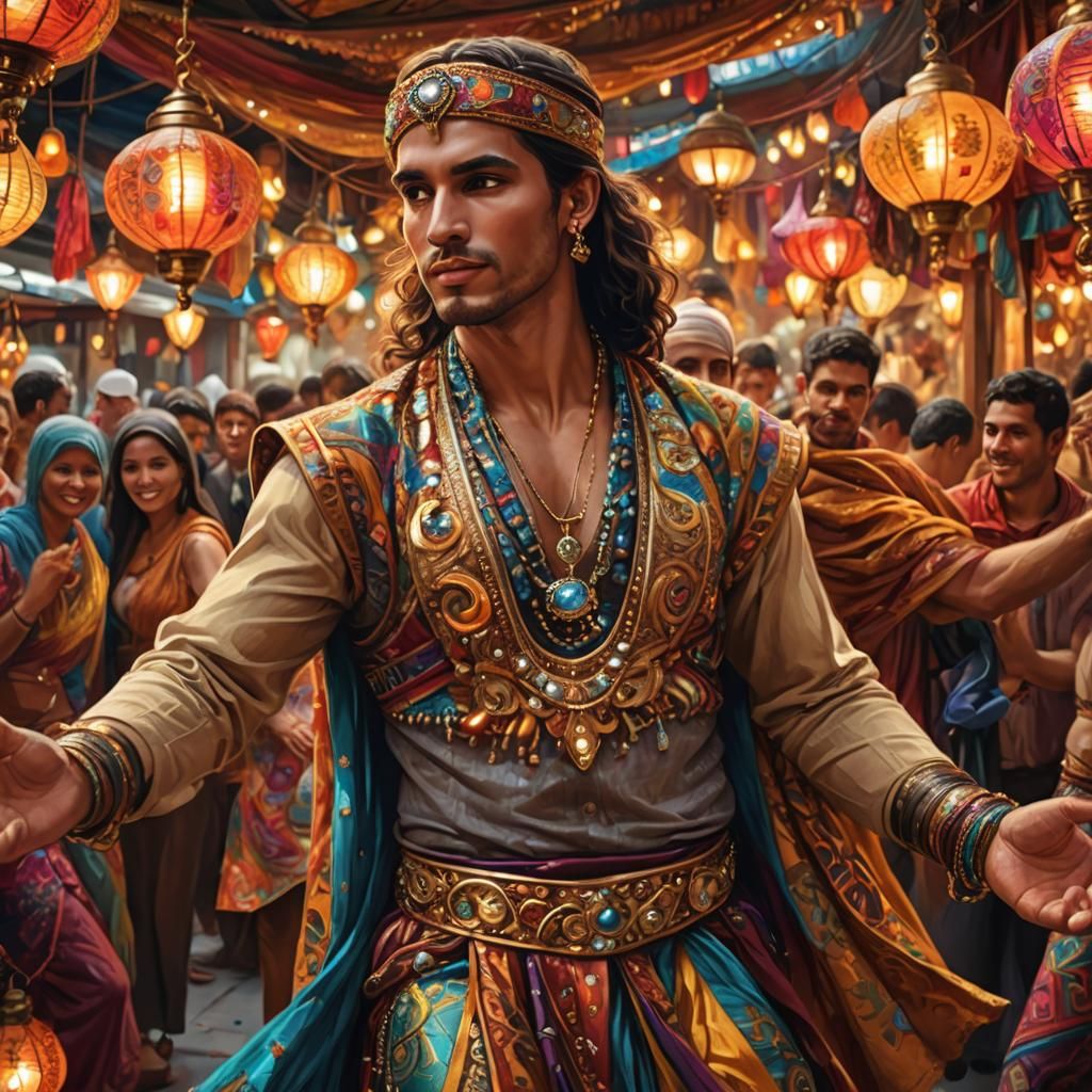 Male Belly Dancer in Crowded Market: Digital Illustration