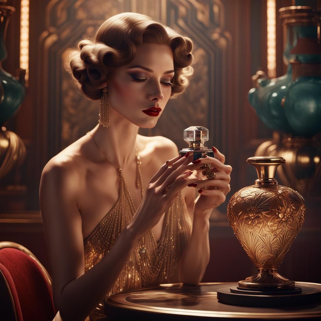 Art Deco Lady Sprays Perfume in Matte Painting