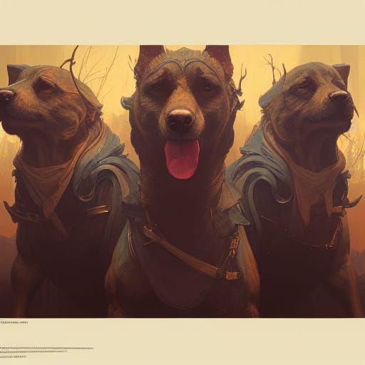 Three-Headed Dog in Dark Fantasy Style