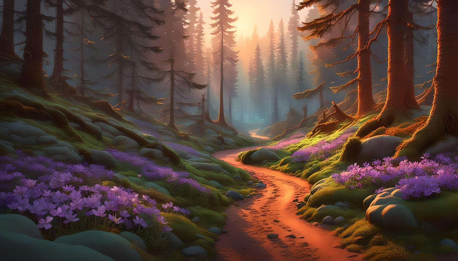 Sunrise Over Spruce Forest with Purple Flowers