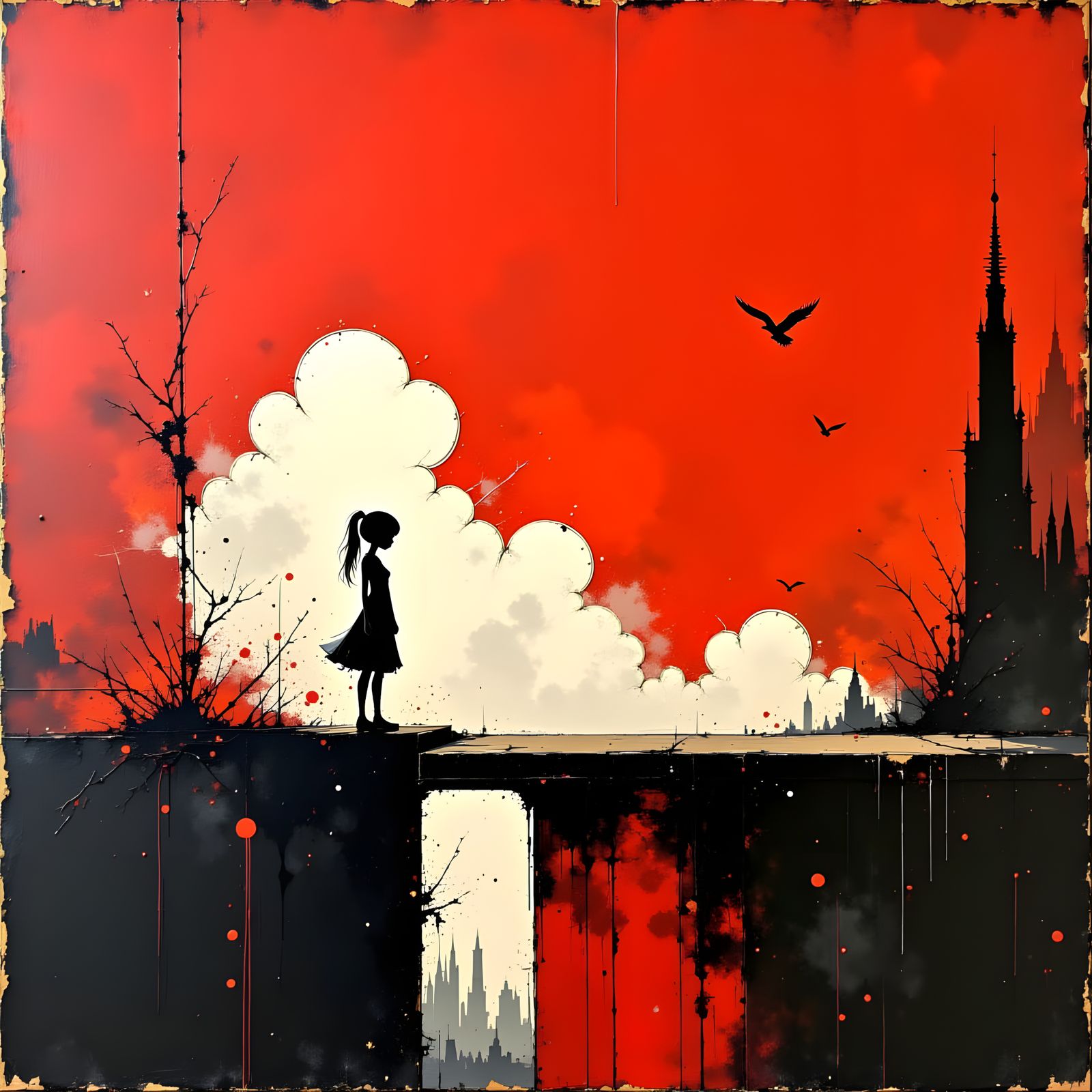 Solitary Girl in Surreal Urban Dreamscape as Impasto Paintin...