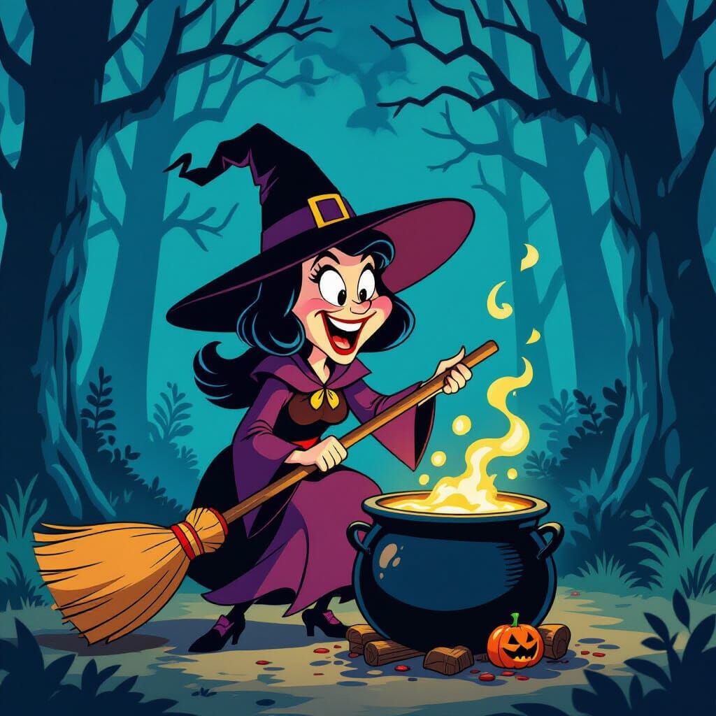 Hanna-Barbera Style Witch Scene with Bubbling Cauldron