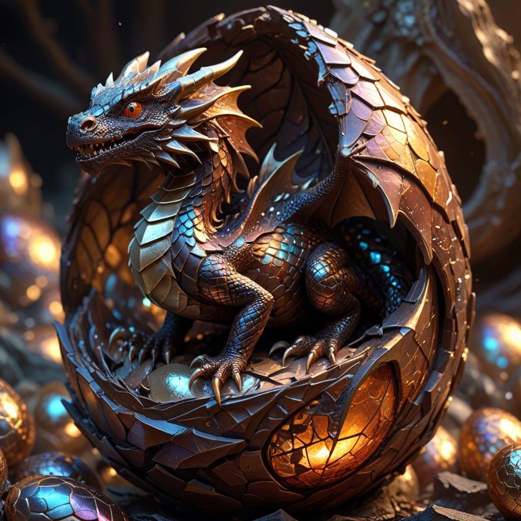 Fantasy Chocolate Dragon Hatchling Emerges from Iridescent E...
