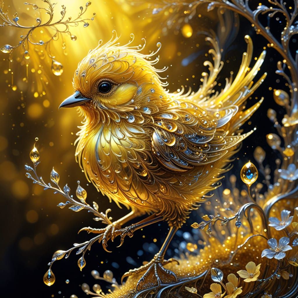 Adorable Fluffy Baby Bird with Intricate Golden Feathers