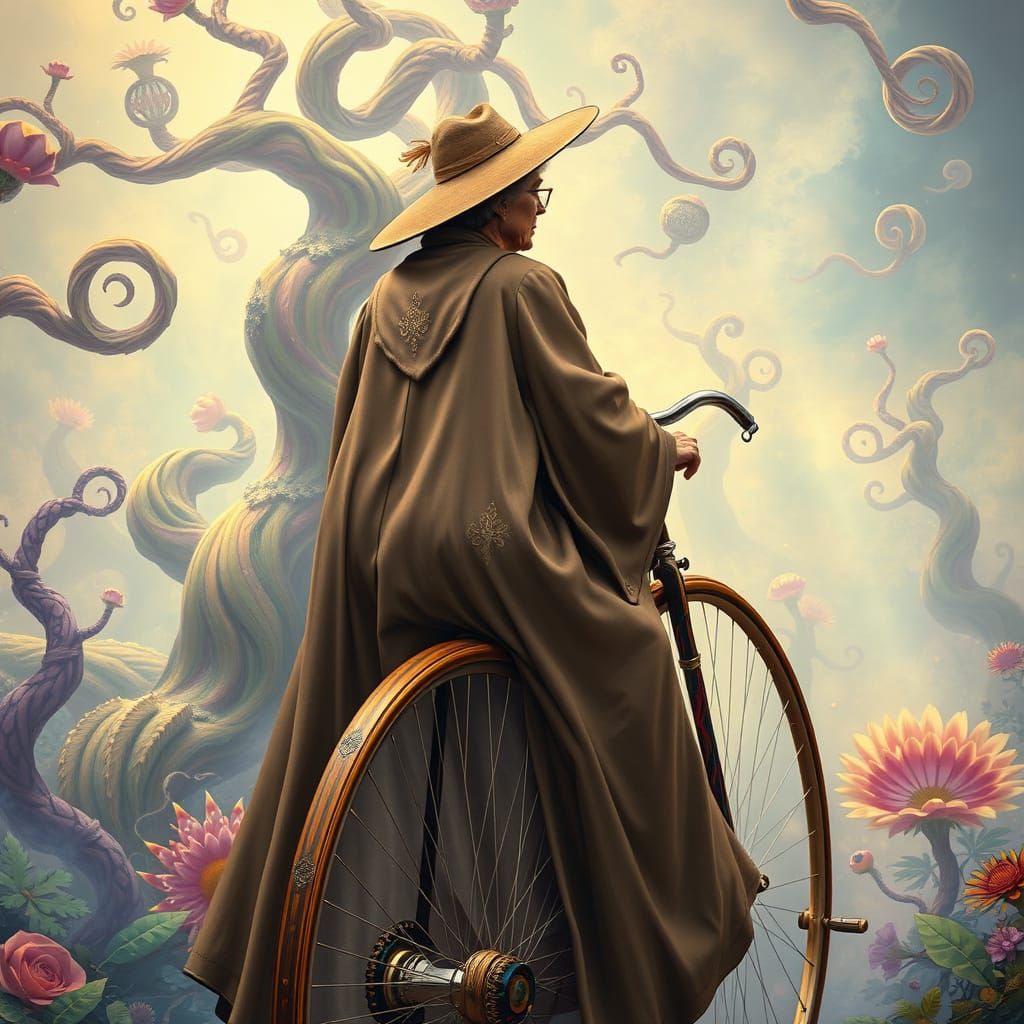 Elderly Woman Rides Penny Farthing in Vibrant Psychedelic La...