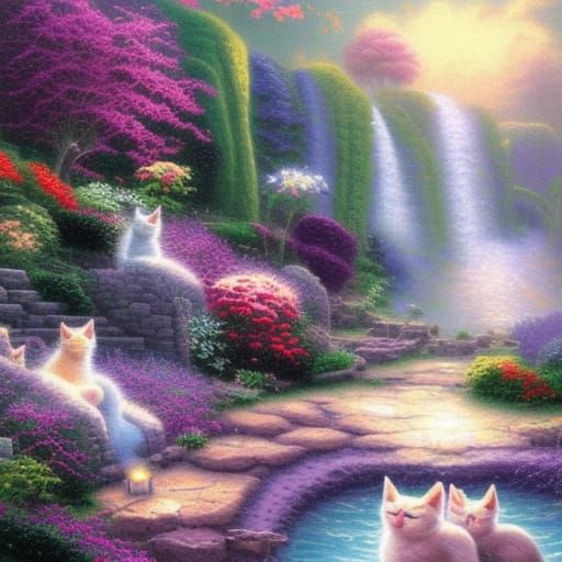 Ethereal White Cat with Flowers in Kinkade Style