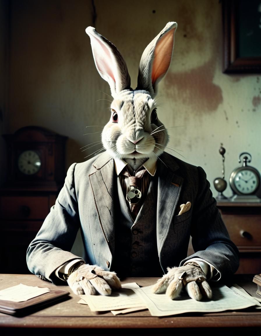 Humanoid Rabbit in Vintage Suit: Surreal Portrait