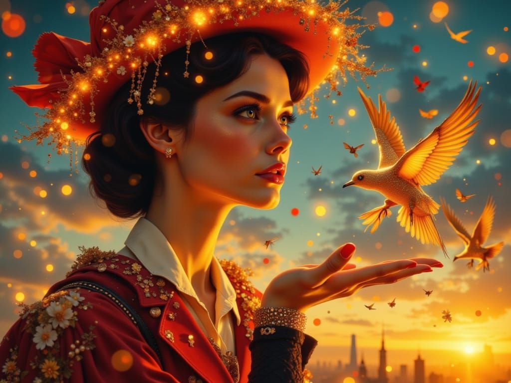 Mary Poppins with Birds in Neon Sky