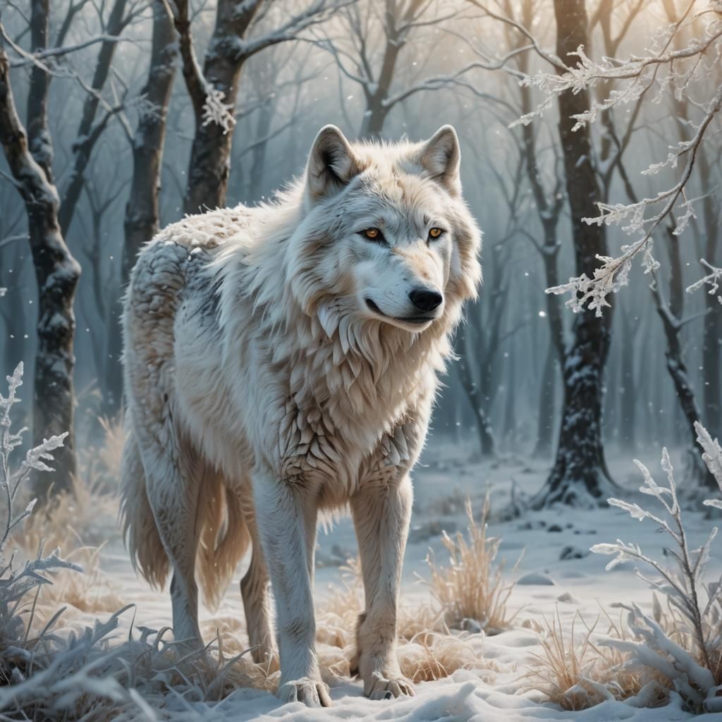 White Wolf in Winter Forest: Fantasy Wildlife Illustration