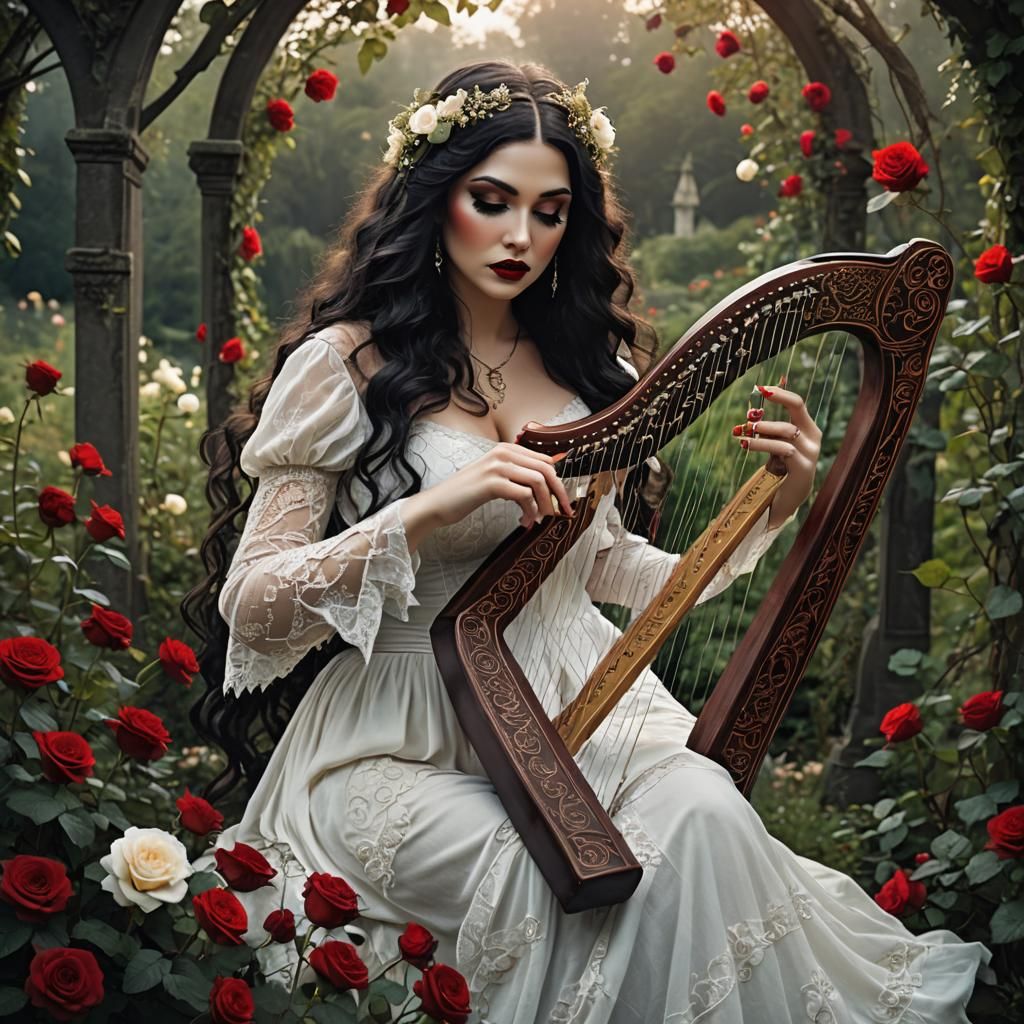 Faerie Woman Playing Harp in Rose Garden