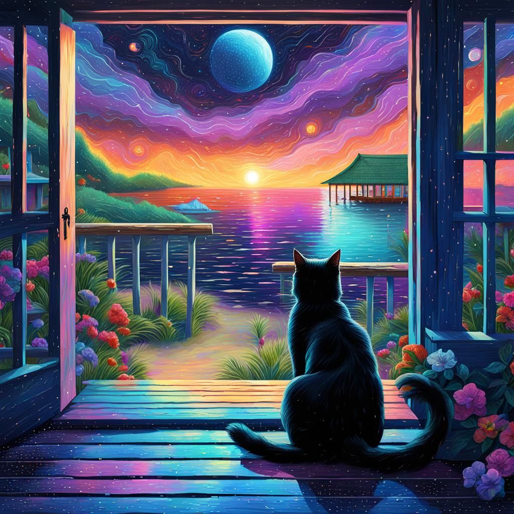 Black Cat Observes Rain, Holographic Astral Illustration