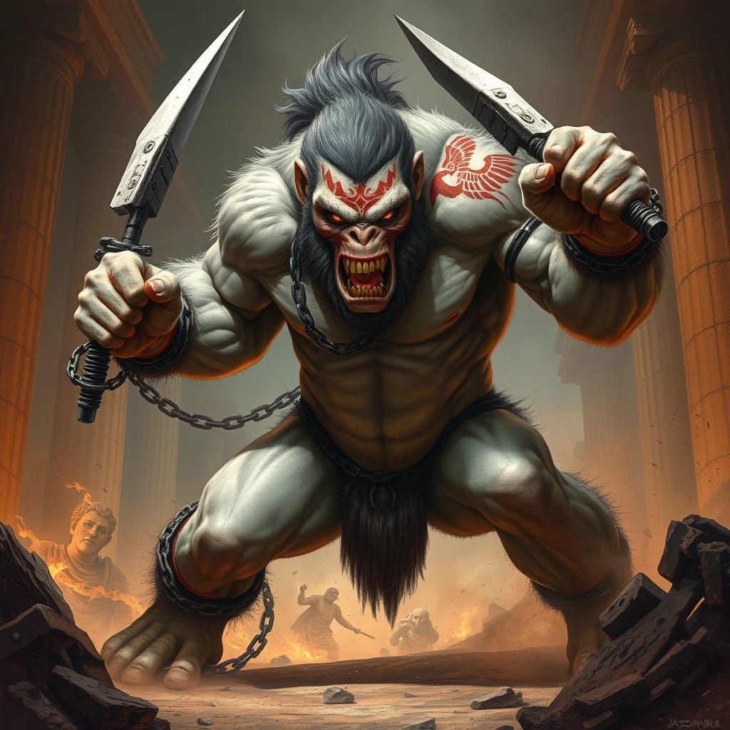 Furious Warrior God in Ancient Greek Ruins