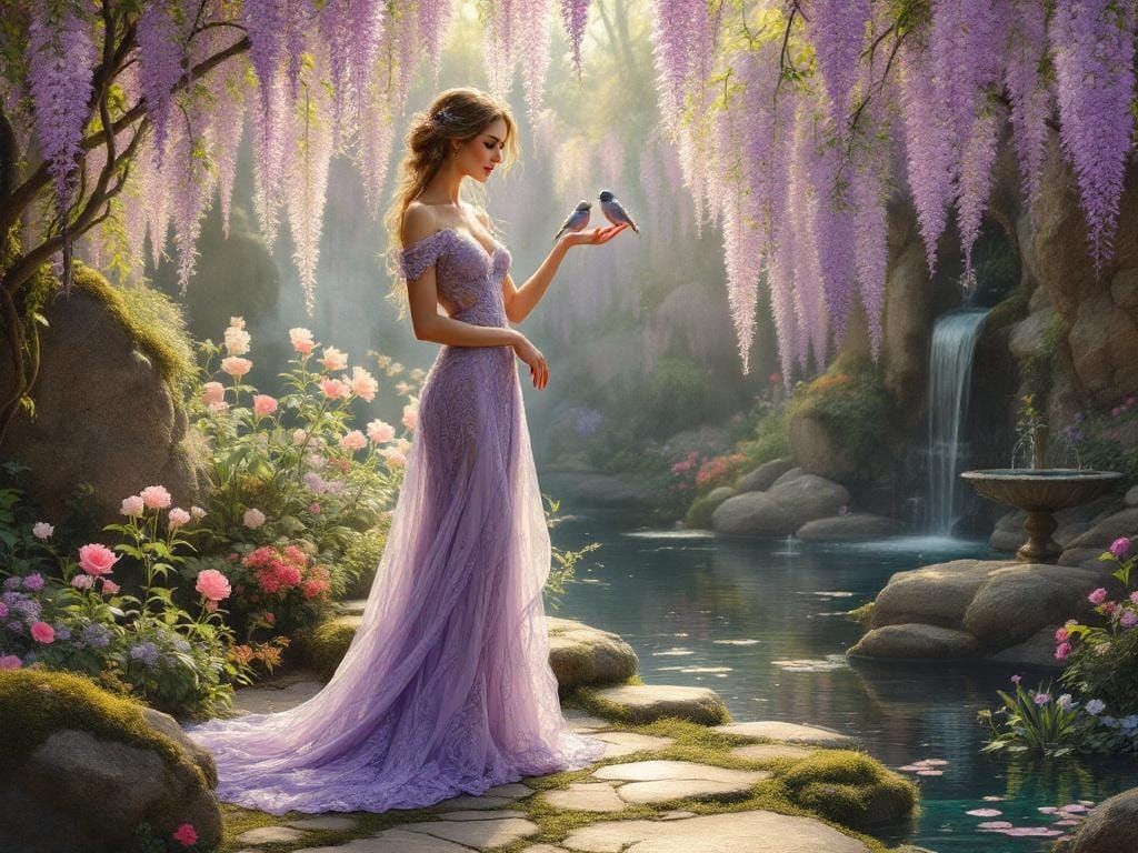Woman in Lavender Gown in Fantasy Garden