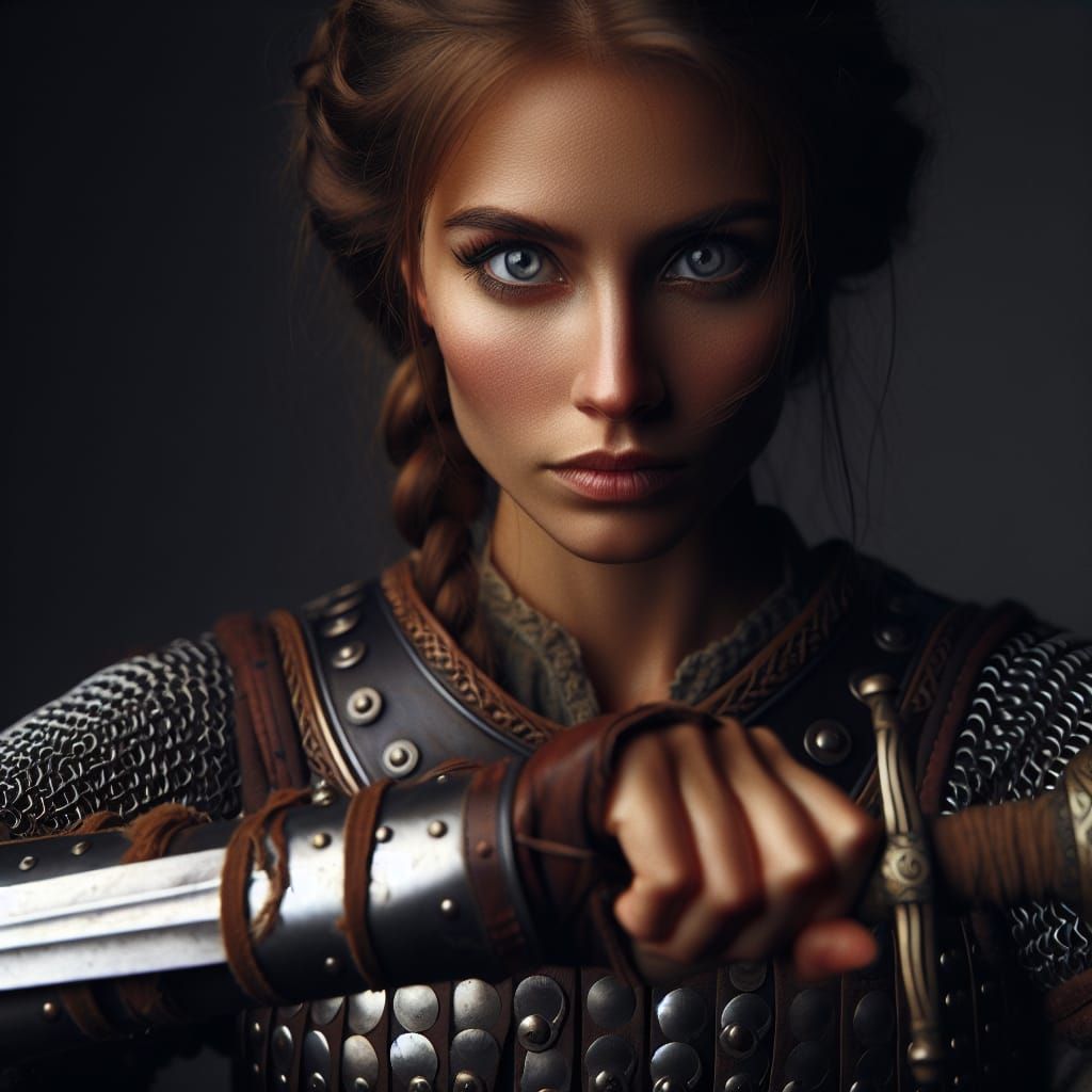 Viking Woman Warrior Portrait in Pre-1912 Style