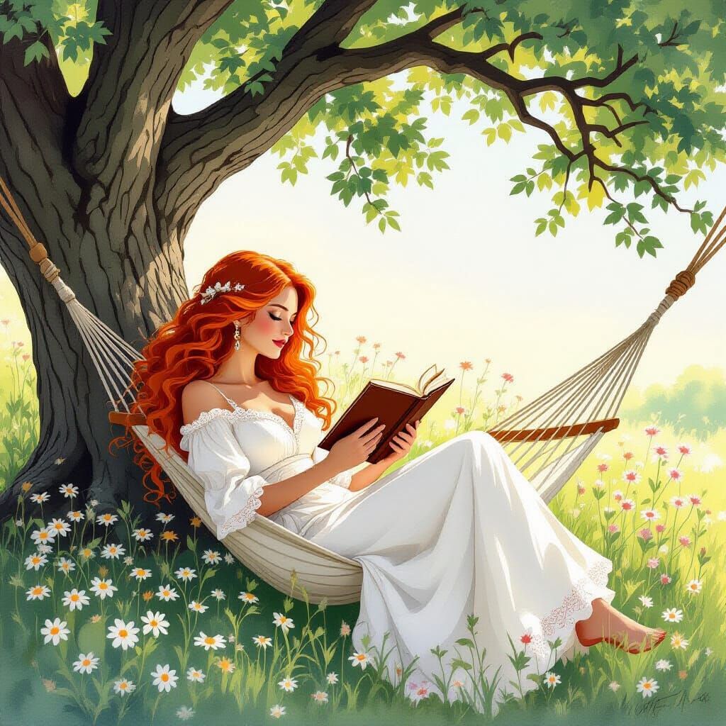 Red-Haired Woman in Hammock, Art Nouveau Watercolor