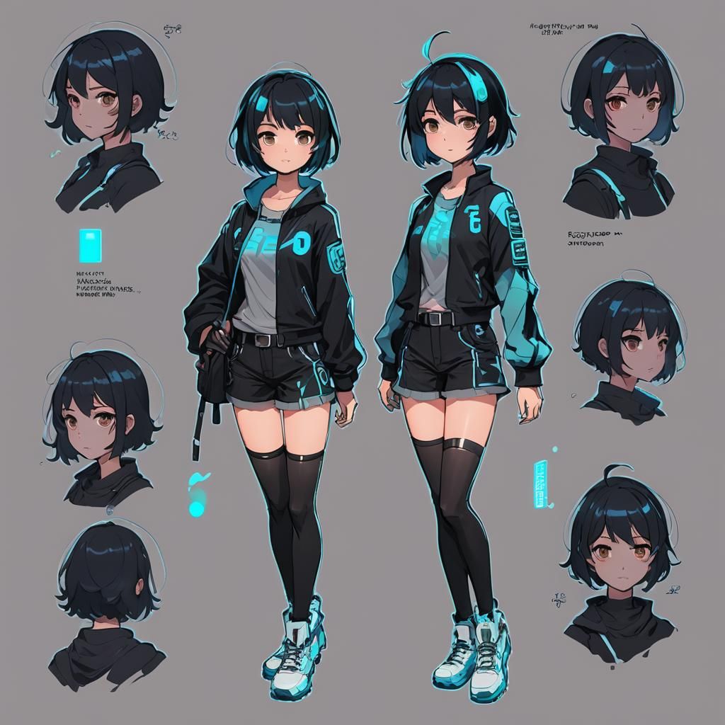 Anime Girl Character Sheet with Bioluminescent Highlights