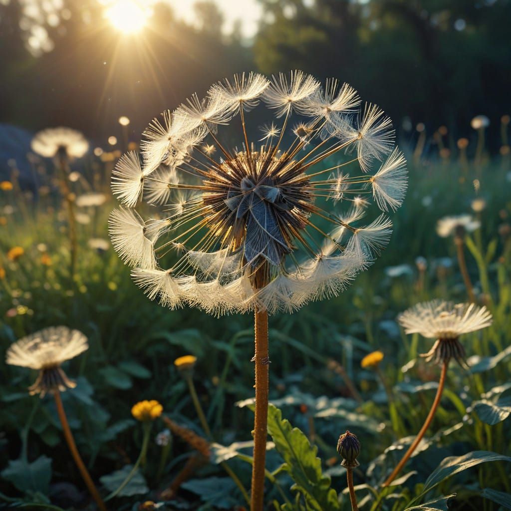 Golden Dandelion Seeds Dance in Sunlit Air