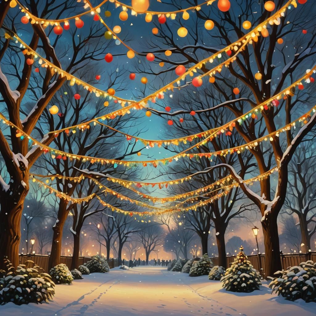 Colorful New Year Garland in Park, Surrealist Digital Art