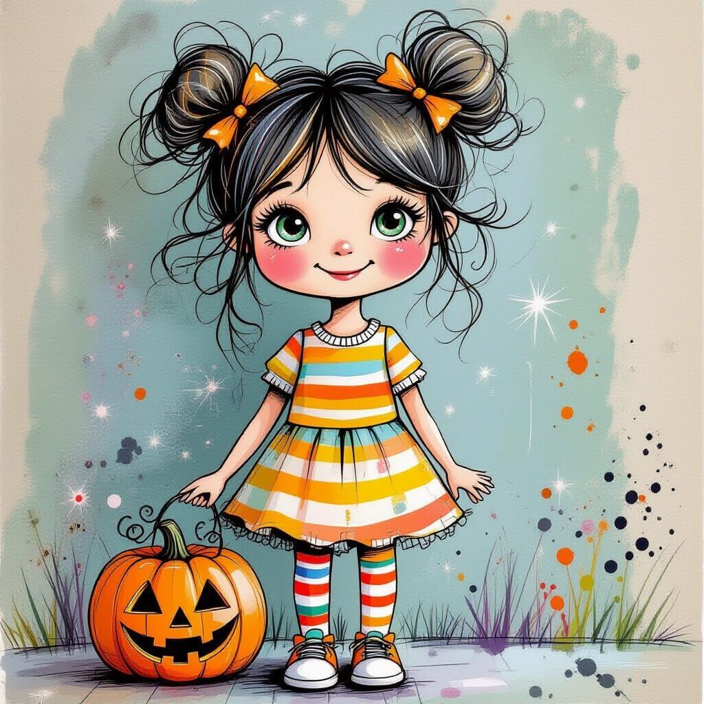 Whimsical Chalk Art Girl Holding Pumpkin