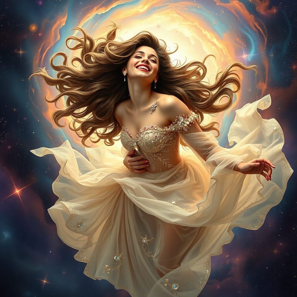 Joyful Woman Dances Through Swirling Nebula in Hyperrealisti...