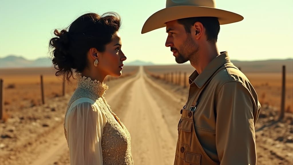 Tense Standoff in Parched Landscape: Gritty Cinematic Realis...