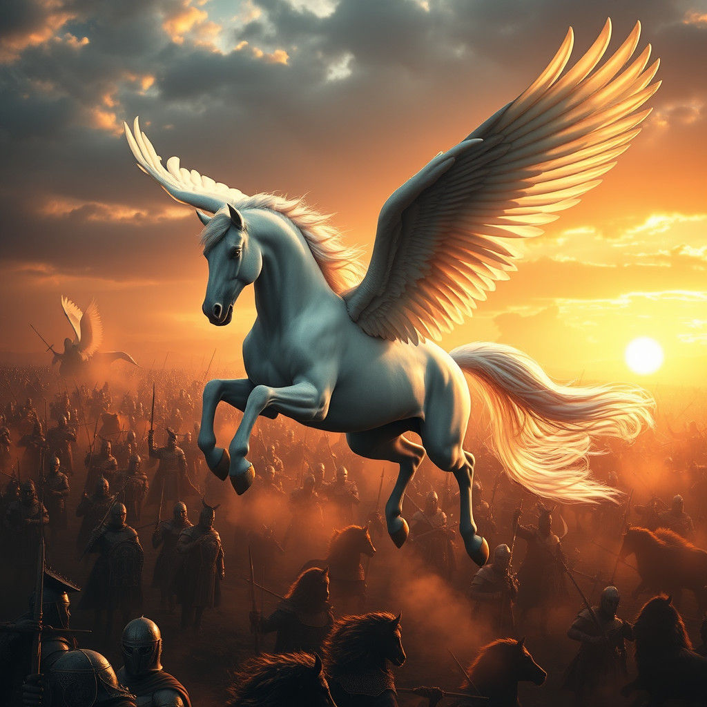 Pegasus Descends on Battlefield: Fantasy Concept Art