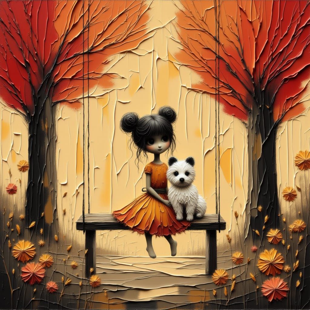 Girl and Puppy on Swing in Autumn Garden