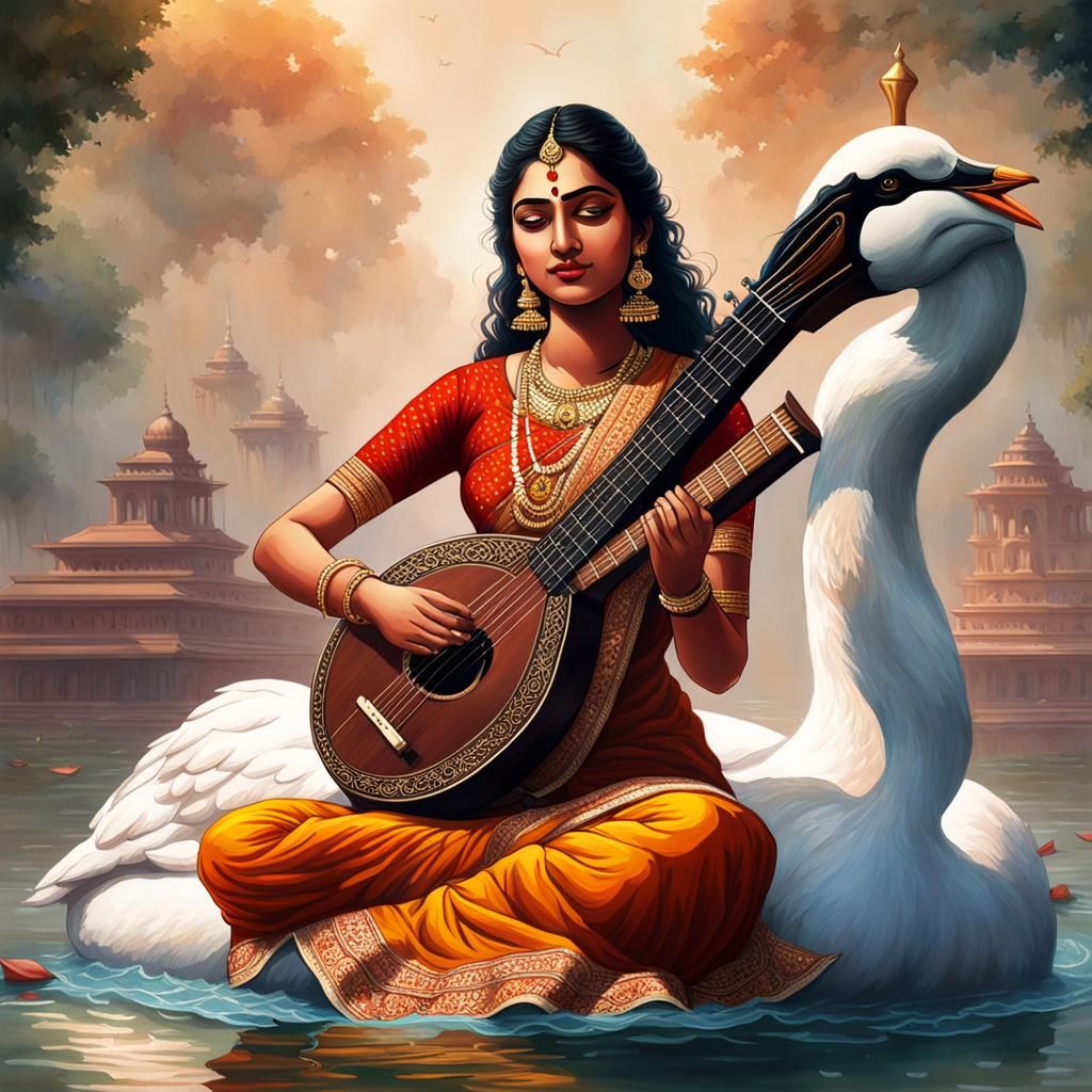 Girl Worshiping Saraswati in Hyperrealistic Splash Art