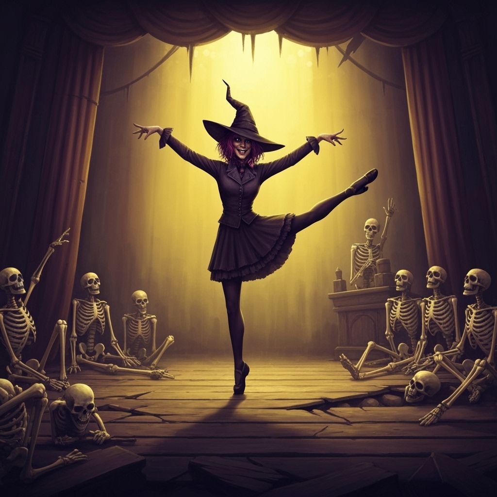 Ugly Witch Pirouettes on Broken Stage with Skeleton Audience