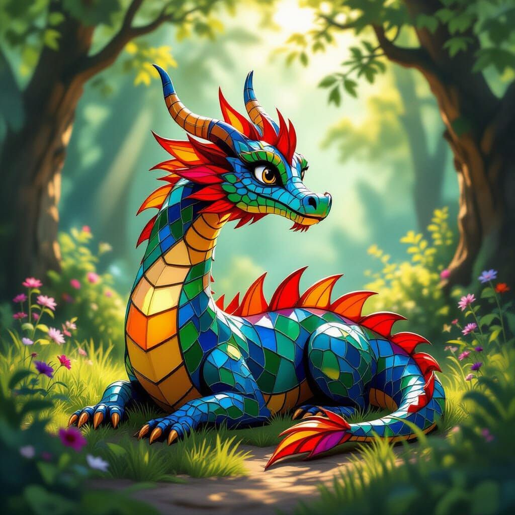 Whimsical Fused Glass Dragon in Enchanted Forest Clearing