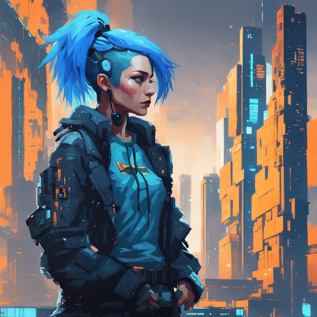 Woman with Blue Hair in Cyberpunk Pixel Art