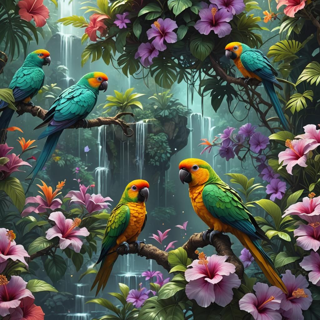 Iridescent Sun Conure in Jungle Waterfall: 3D Anime Art