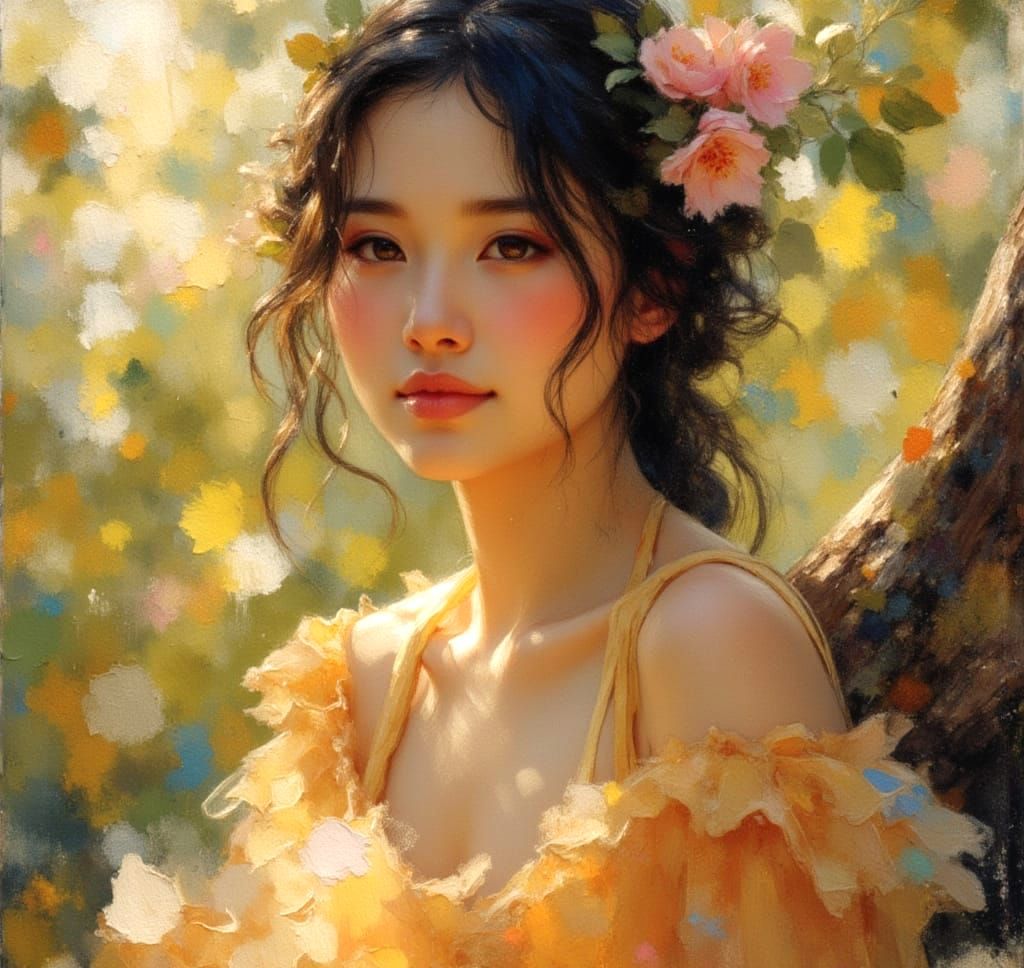 Ethereal Girl in Forest with Peach Blossoms