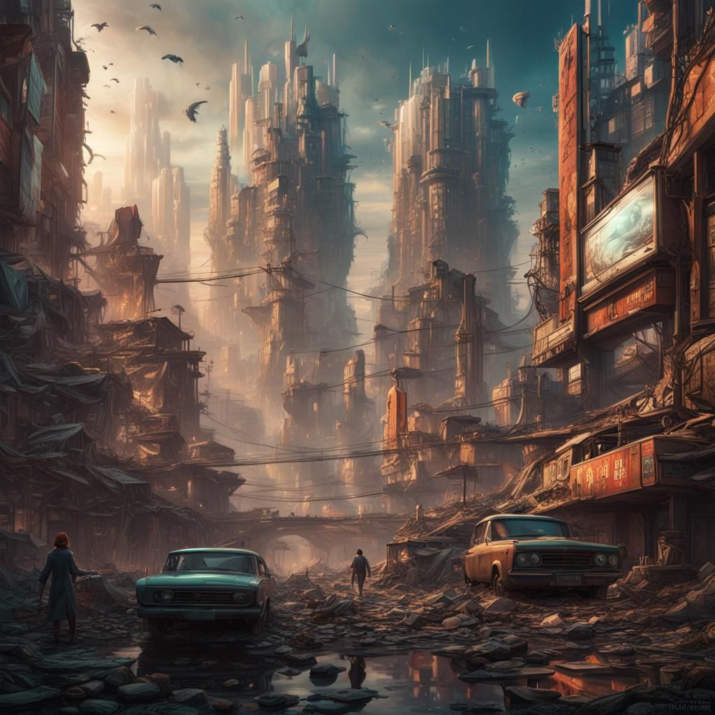 Dystopian Poster with Hidden Consumerism, Detailed Matte Pai...