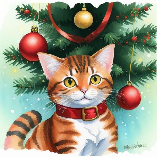 Cartoon Cat's Christmas Tree Mishap in Gouache Style