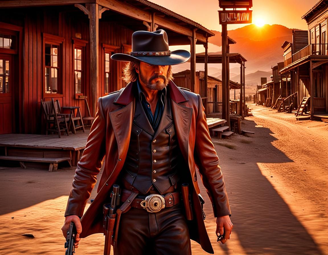Hyperrealistic Outlaw in Deserted Western Town at Sunset
