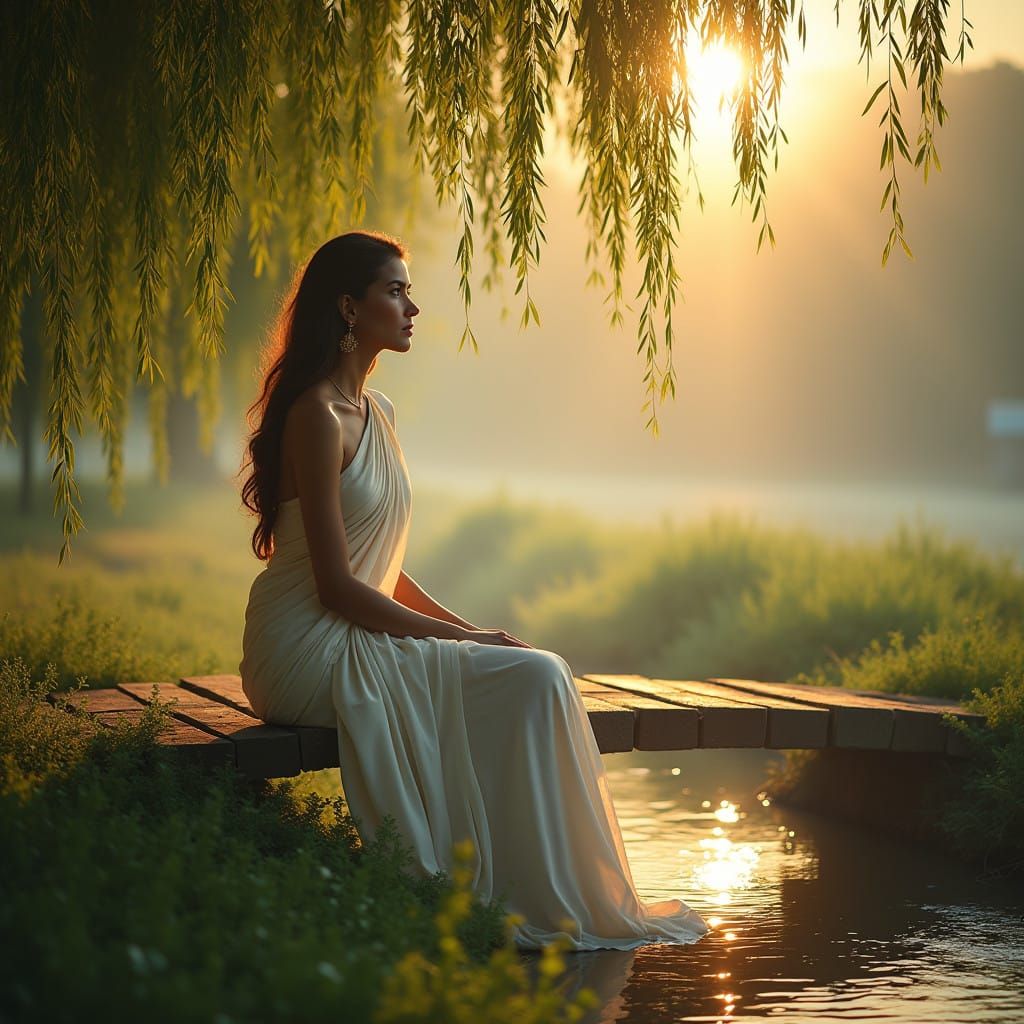 Serenely Adorned Woman Basks in Golden Sunset Glow