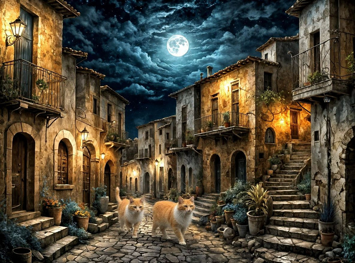 Mediterranean Town: Acrylic Painting with Starry Sky