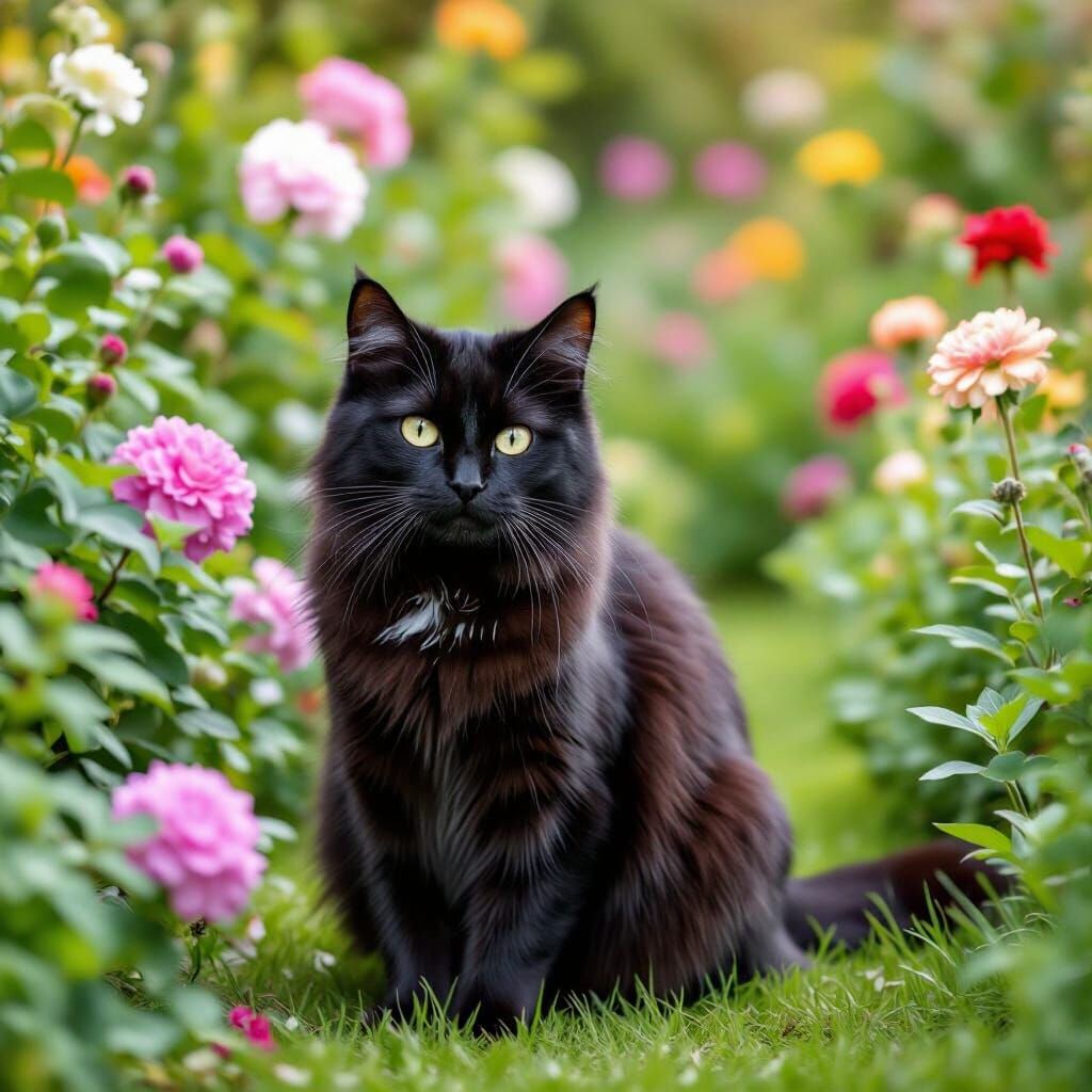 Black Cat Lounging in a Colorful Garden
