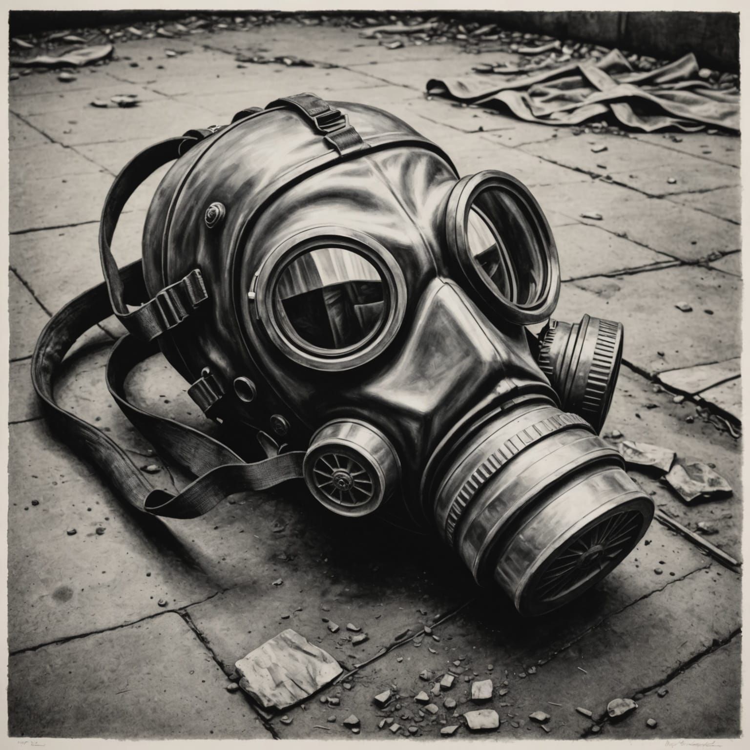 A Forgotten Gas Mask Lying on the Ground in Detailed Charcoa...
