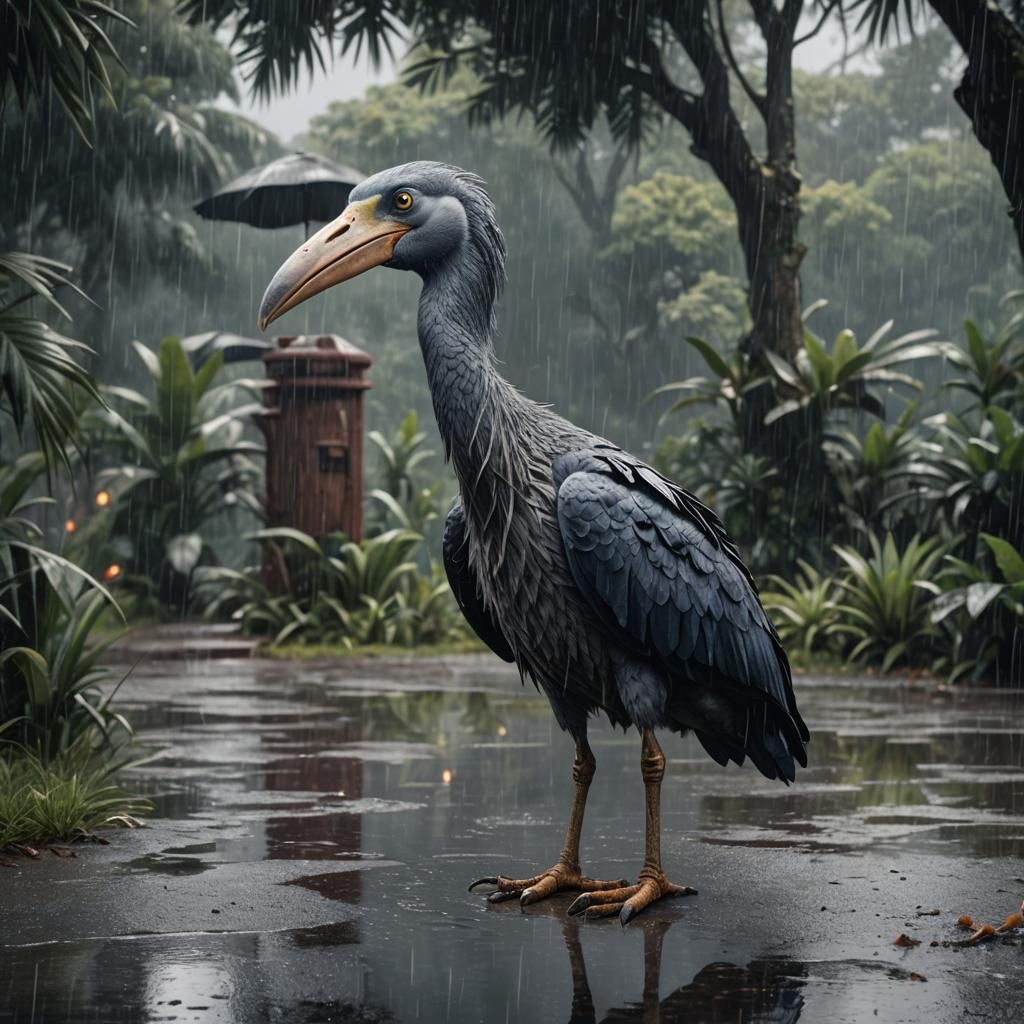 Shoebill Stork in Rain: Detailed Matte Painting