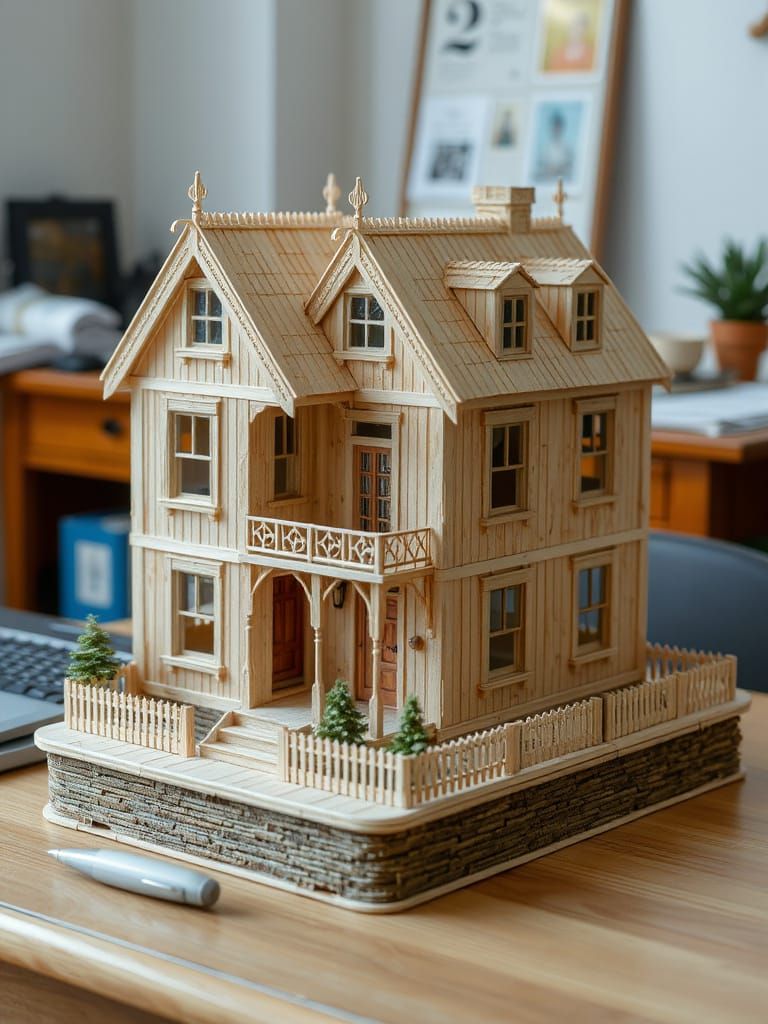 Intricate Popsicle Stick House Model, Hyper-Realistic Digita...