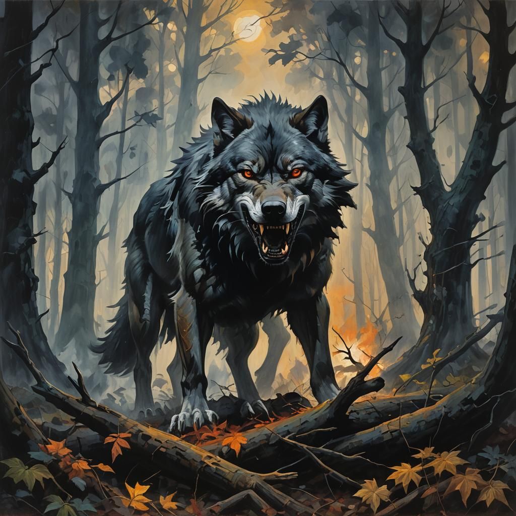 Ominous Wolf in Expressionist Forest Landscape