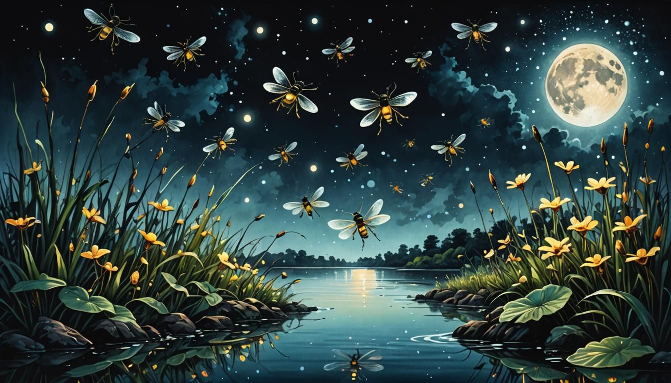 Fireflies Glow in Moonlit Night: Alcoholic Ink Illustration