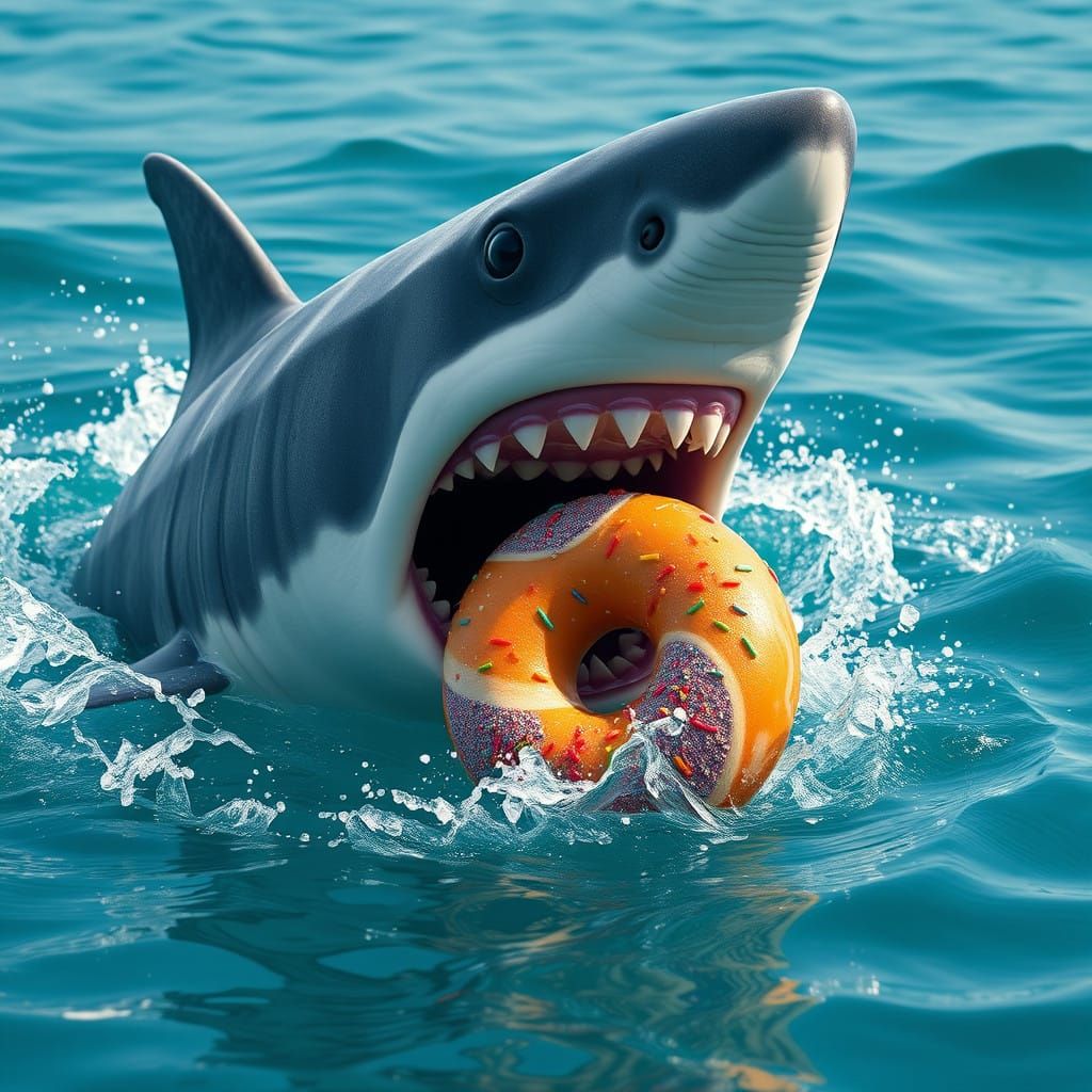 Great White Shark Savoring Colorful Donut in Vibrant Ocean S...