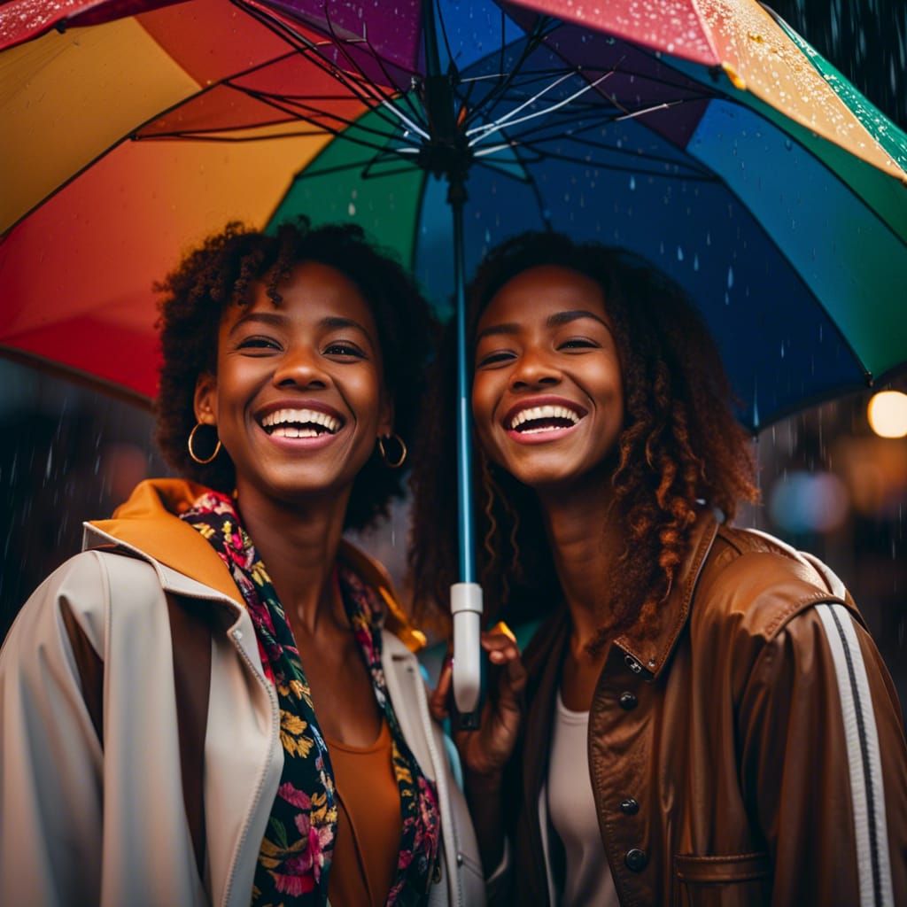 Friends Laughing in the Rain at Sunset