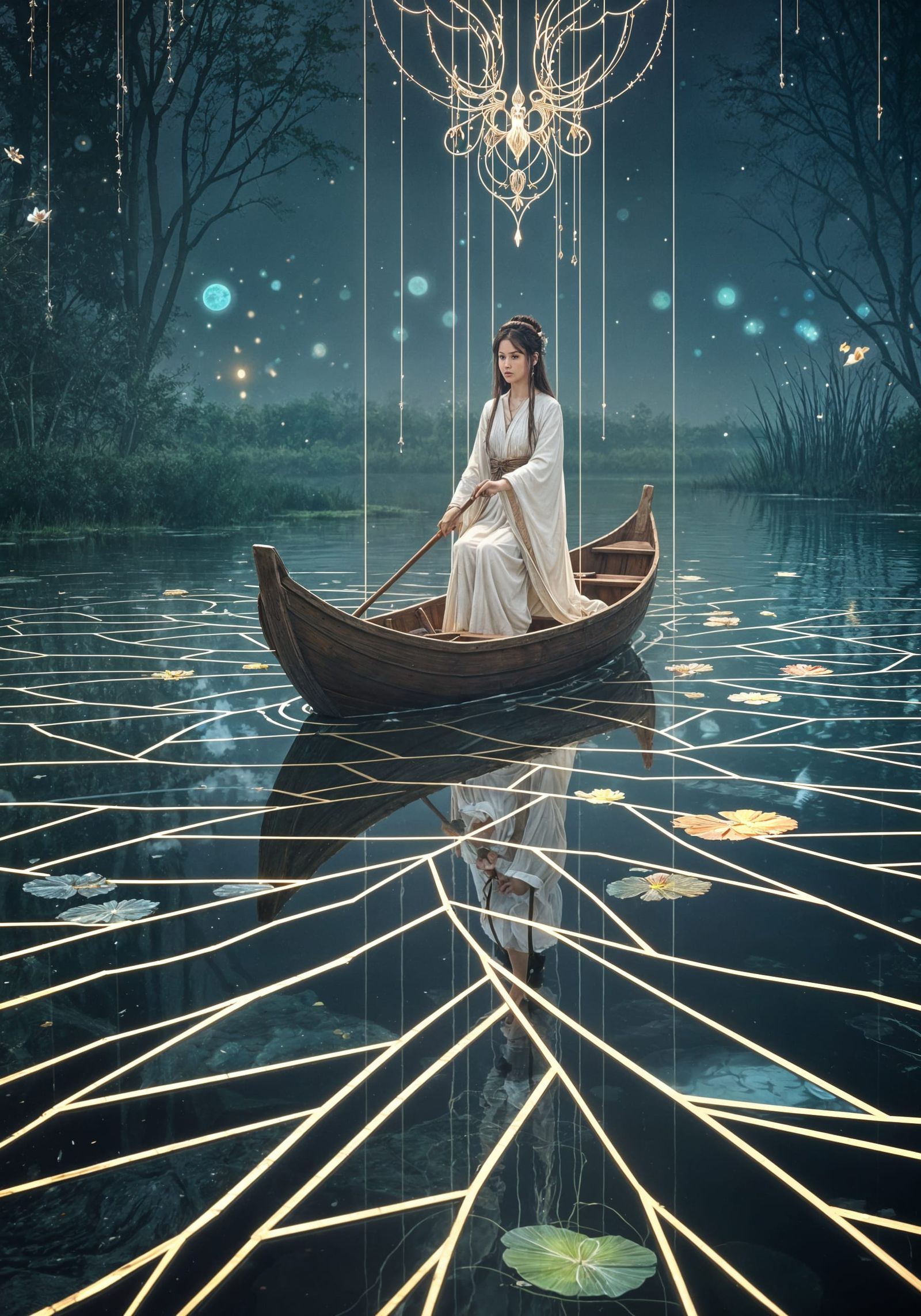 Luminous Barn Owl on Sacred Skiff in Mythoglass Style