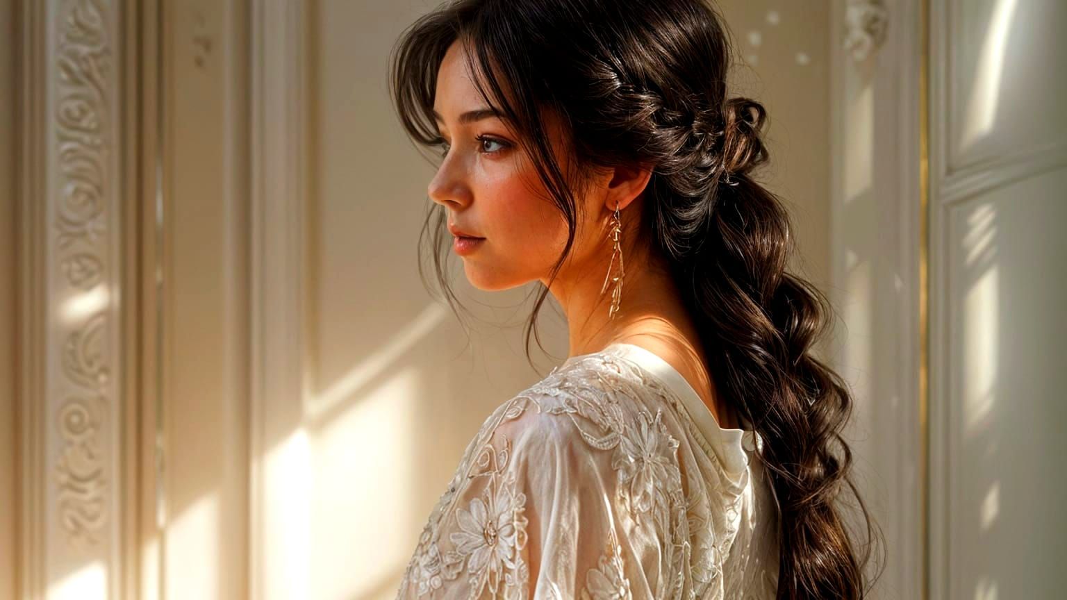 Elegant Woman in White Robe, Intricate Braid Portrait
