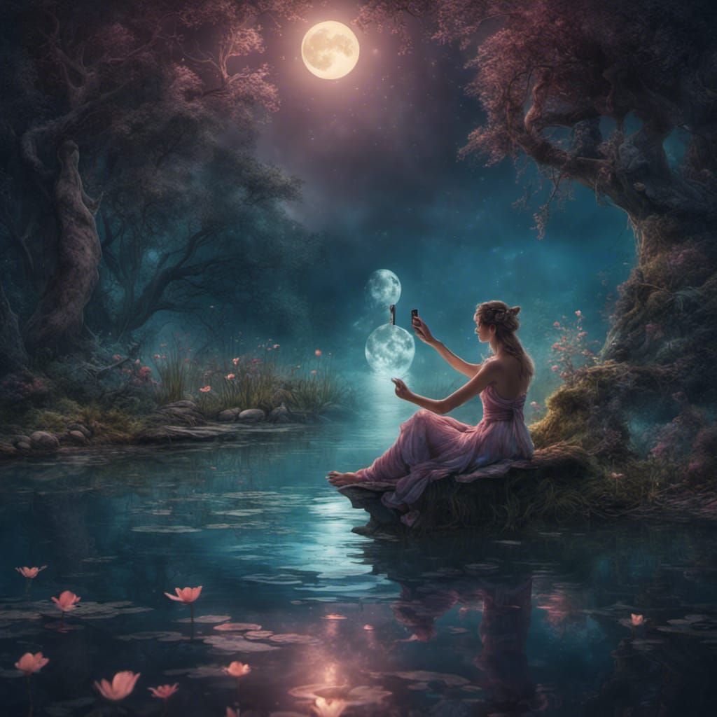 an enchanting scene of the woman taking a selfie with a graceful, luminescent water nymph by a serene moonlit pond.